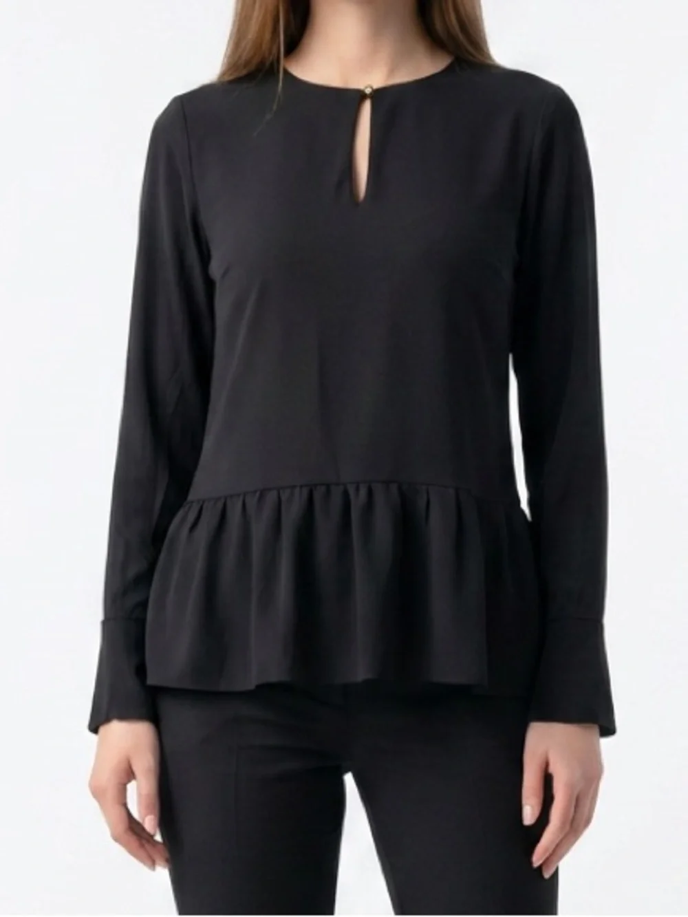 Michael Michael Kors Women's Sz Small Black Blouse Keyhole Neck Peplum $78
